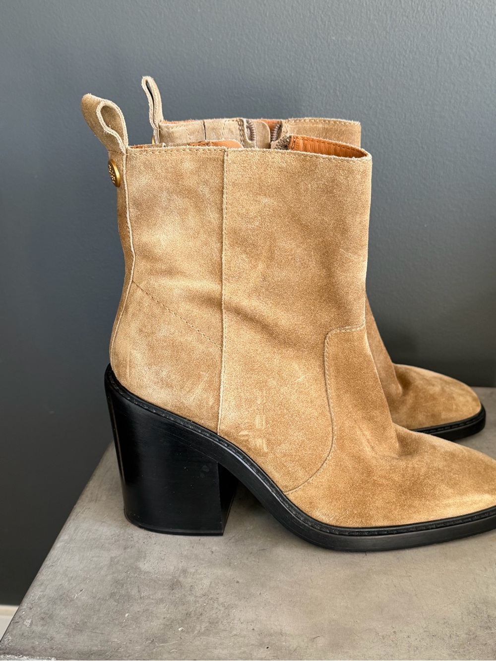Tory Burch Tan Suede Block Heel Ankle Boots